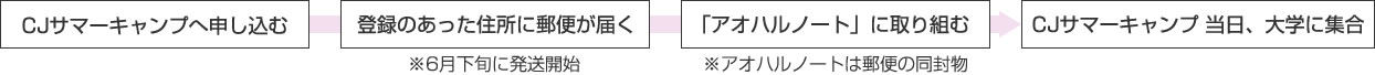 申し込む→郵便が届く→「アオハルノート」に取り組む→大学に集合