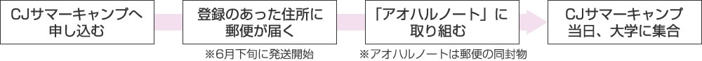 申し込む→郵便が届く→「アオハルノート」に取り組む→大学に集合